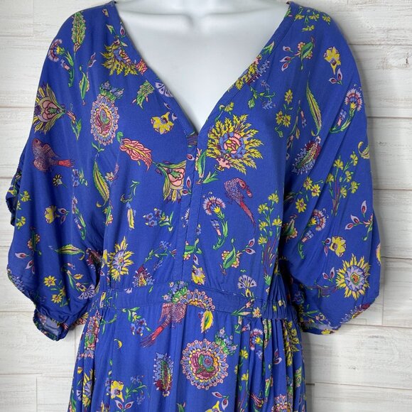 Gap Blue Floral Kimono Style Drape Maxi Dress V Neck Gathered Waist Size Medium - Picture 3 of 10